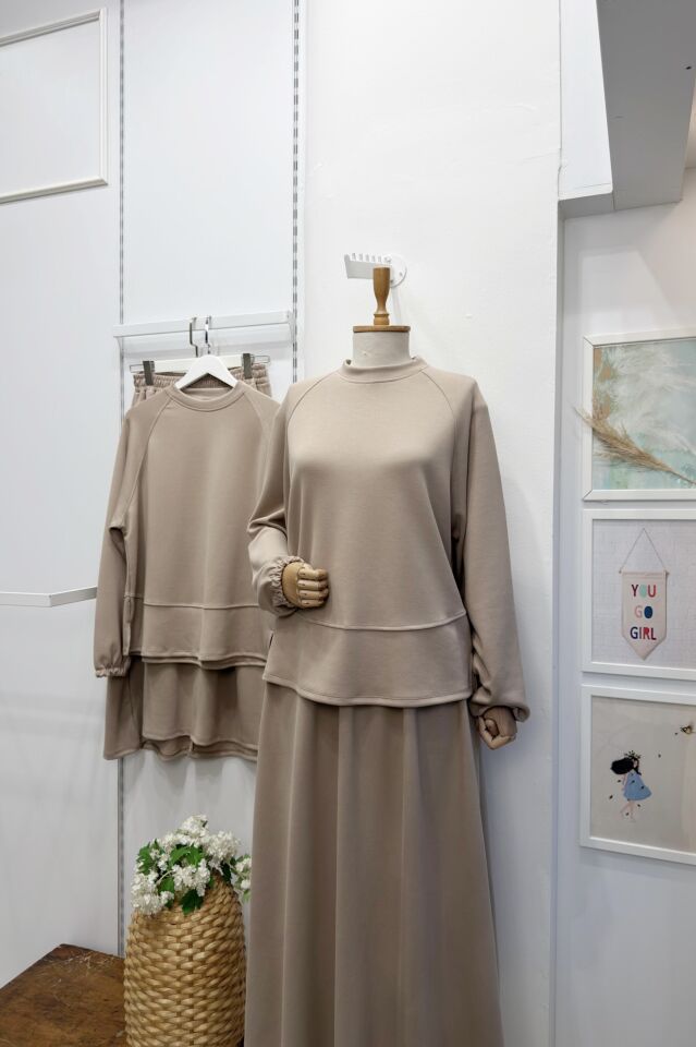 Bej Plaid Sweatli Etekli Takım