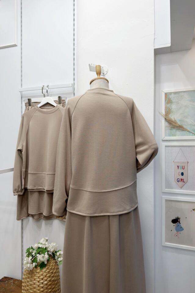 Bej Plaid Sweatli Etekli Takım