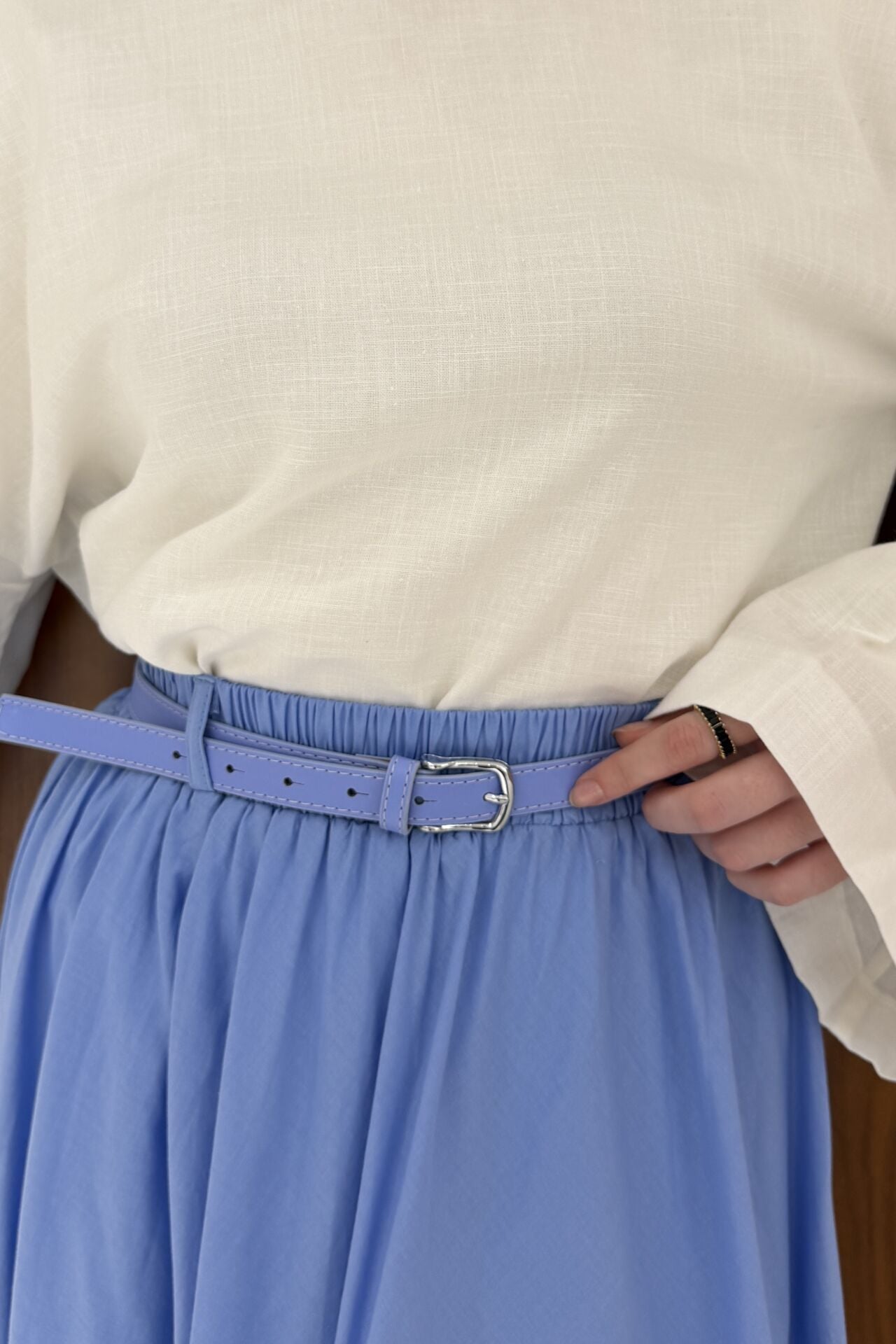 Mavi Ceinture Kemerli Keten Etek