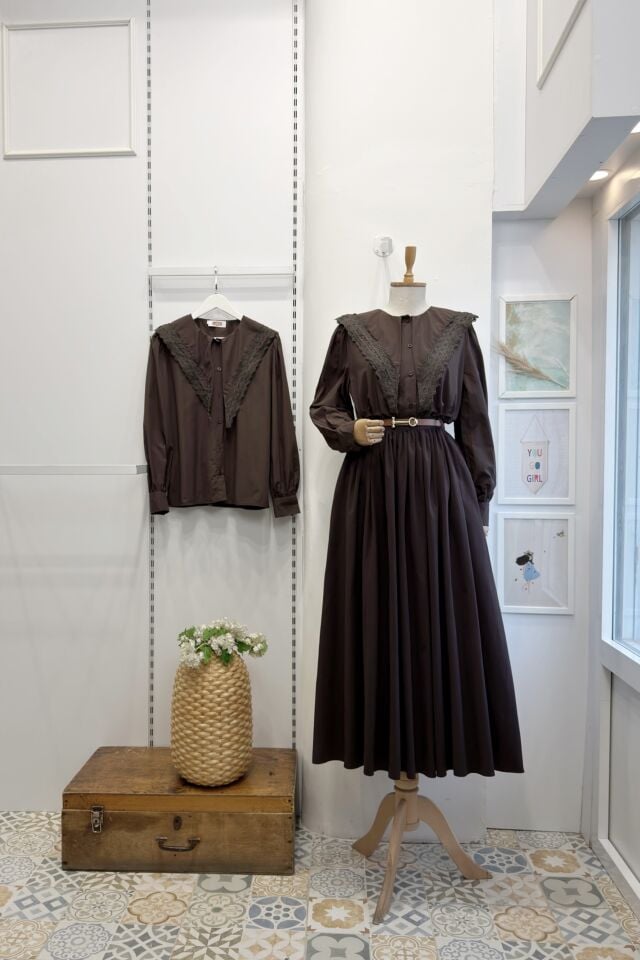 Kahverengi Fisto Detaylı Şal Yaka Gömlek