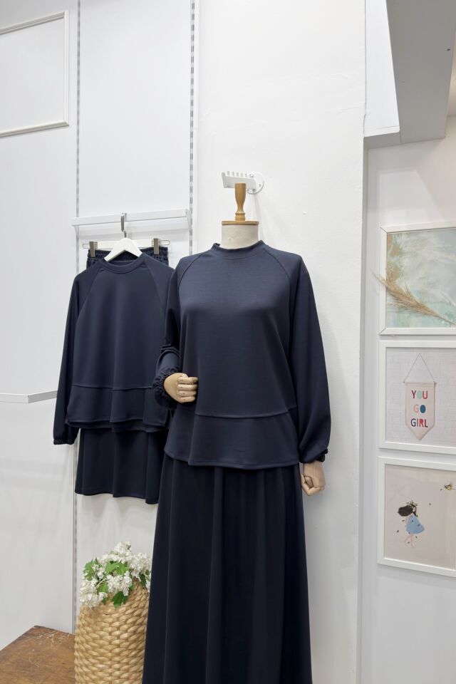 Lacivert Plaid Sweatli Etekli Takım