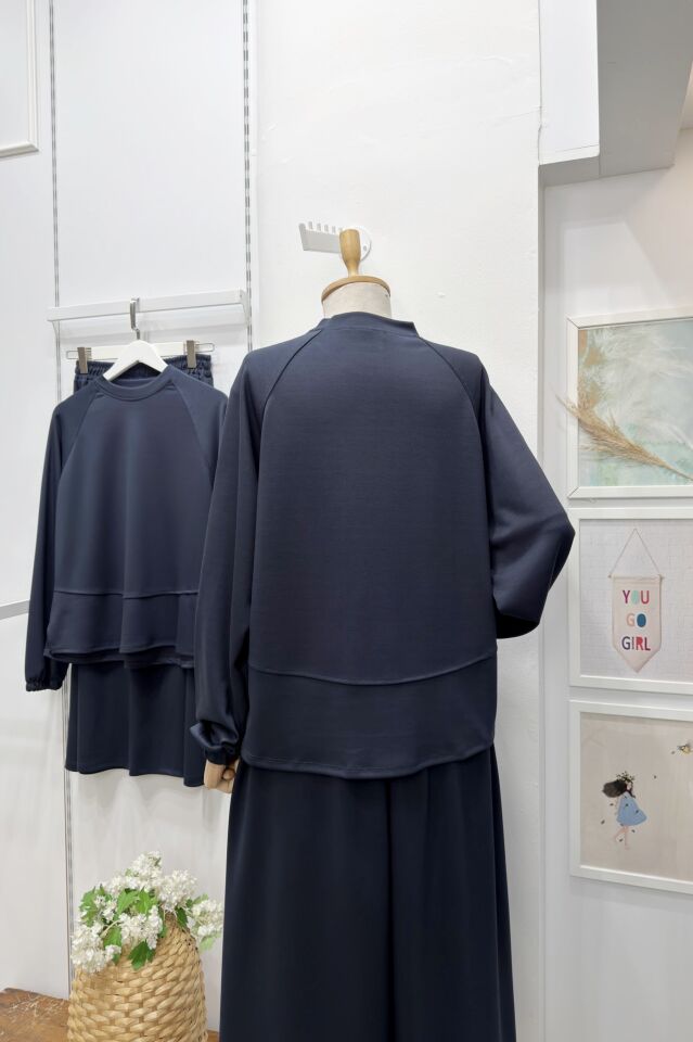 Lacivert Plaid Sweatli Etekli Takım