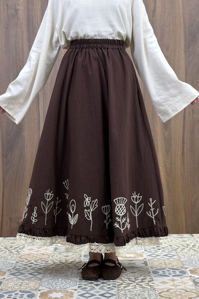 Ucu Nakışlı Kahverengi Paper Touch Etek