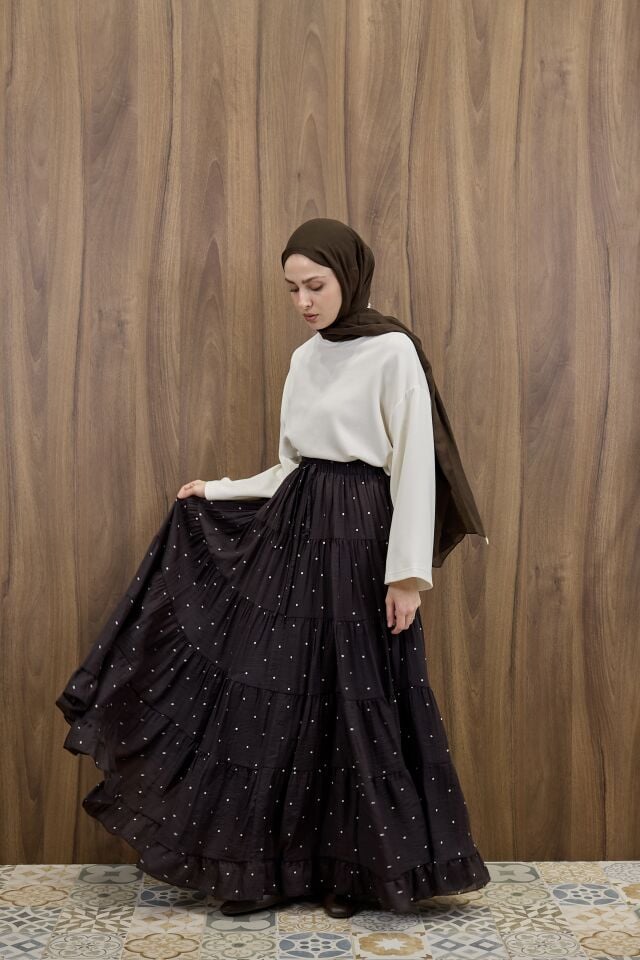 Acı Kahve Polka Puantiye Desenli Şifon Etek