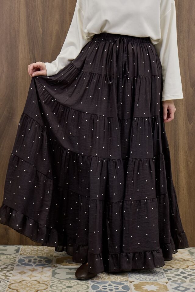 Acı Kahve Polka Puantiye Desenli Şifon Etek