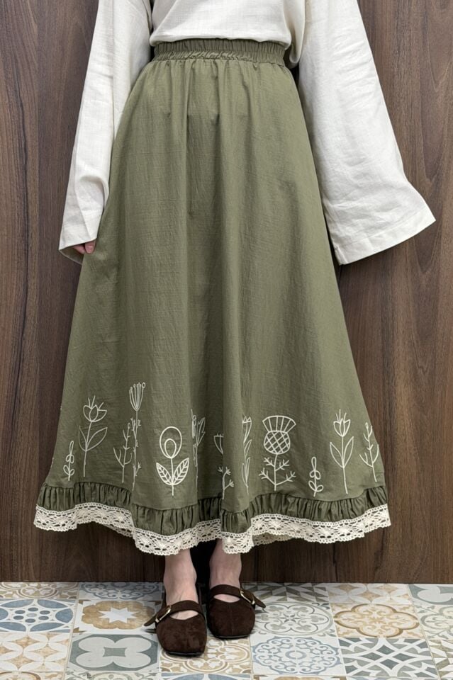 Ucu Nakışlı Haki Yeşili Paper Touch Etek