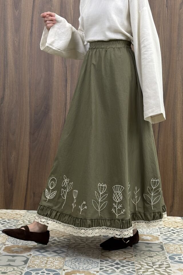 Ucu Nakışlı Haki Yeşili Paper Touch Etek