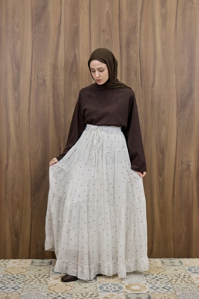 Beyaz Polka Puantiye Desenli Şifon Etek