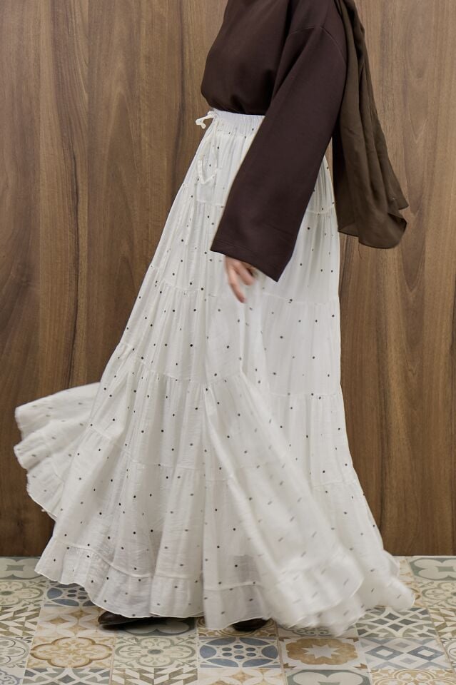 Beyaz Polka Puantiye Desenli Şifon Etek