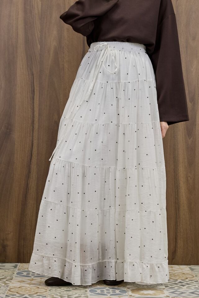 Beyaz Polka Puantiye Desenli Şifon Etek