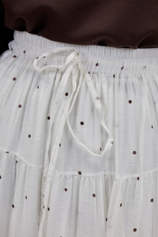Beyaz Polka Puantiye Desenli Şifon Etek