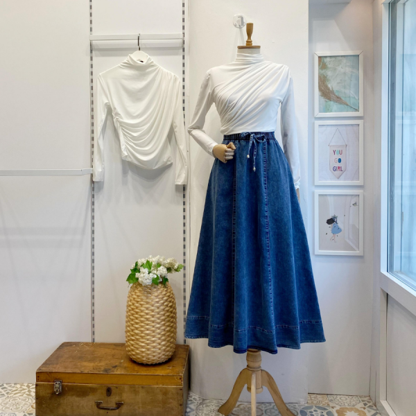 Dikiş Detaylı Beli Lastikli Kot Etek