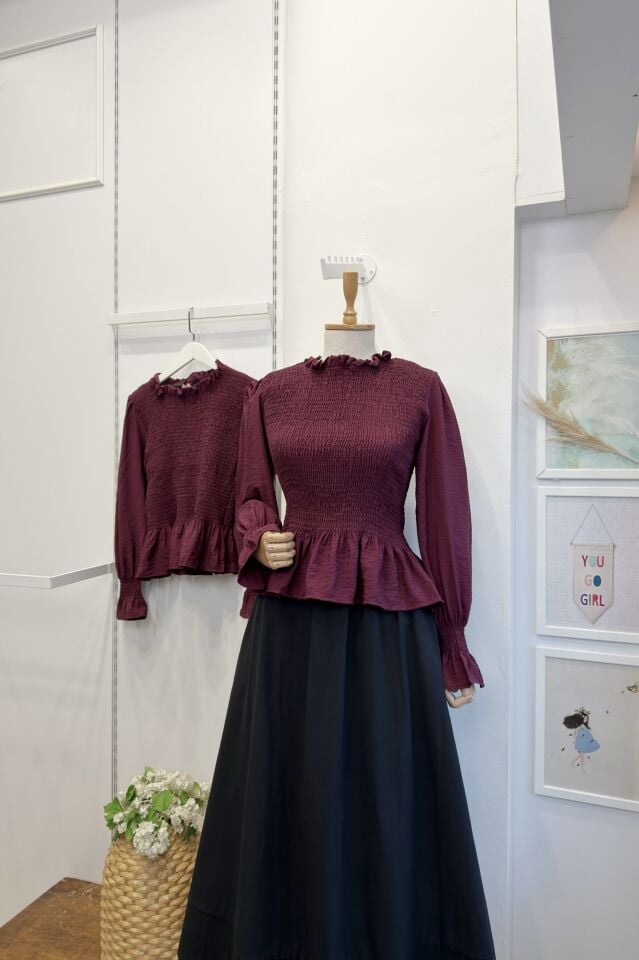 Bordo Gipe Detaylı Bluz