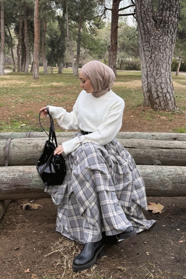 Faya Girls x Gri Ekose Desenli Ajouter Etek