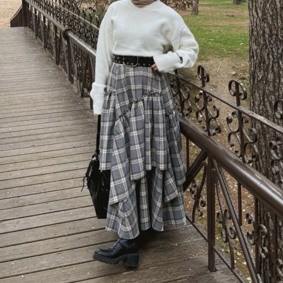 Faya Girls x Gri Ekose Desenli Ajouter Etek