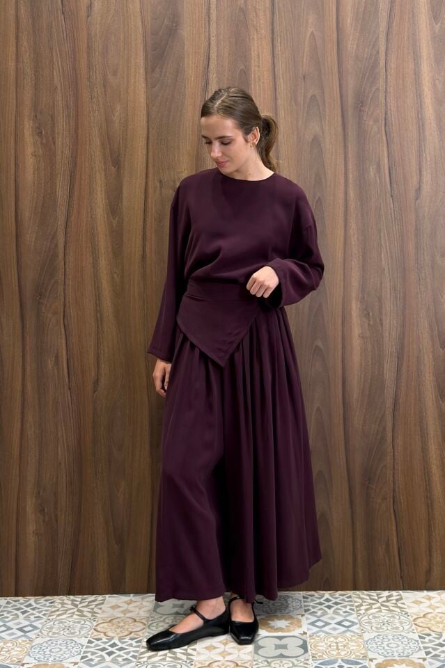 Bordo Modal Meras Kuşaklı Bol Pantolon Takım