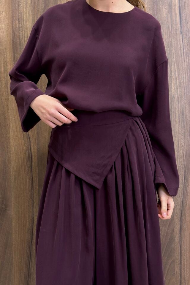Bordo Modal Meras Kuşaklı Bol Pantolon Takım