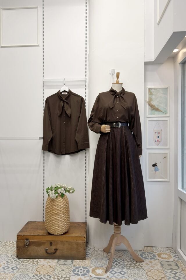 Kahverengi Yağmur Desenli Viskon Etek