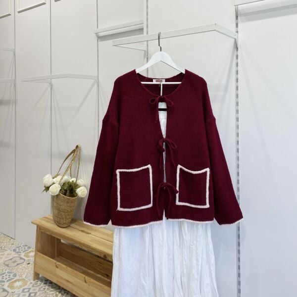 Bordo Cep Detaylı Bağcıklı Hırka