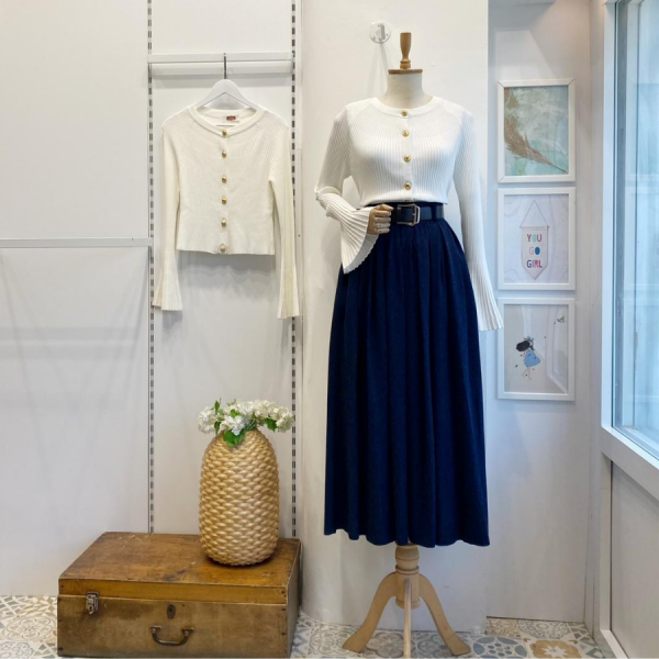 Deri Kemerli Lacivert Lacelle Yün Etek