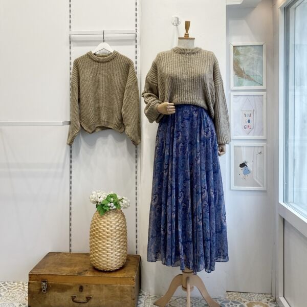 Beli Lastikli Mavi Şal Desen Şifon Etek