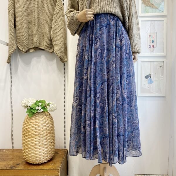 Beli Lastikli Mavi Şal Desen Şifon Etek