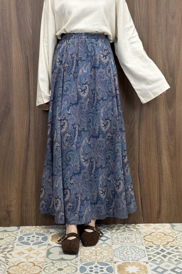 Beli Lastikli Mavi Şal Desen Şifon Etek