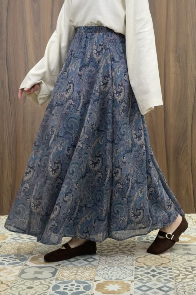 Beli Lastikli Mavi Şal Desen Şifon Etek