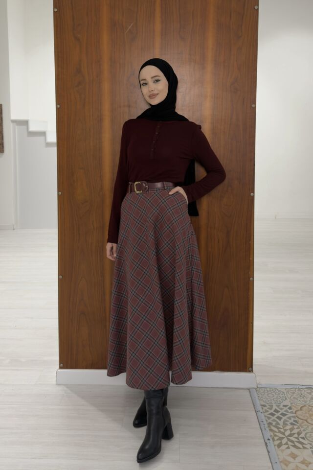 Bordo Ekose Desenli Loom Etek