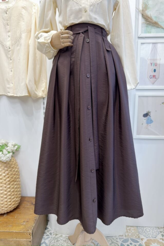 Kahverengi Önü Düğmeli Zirel Etek