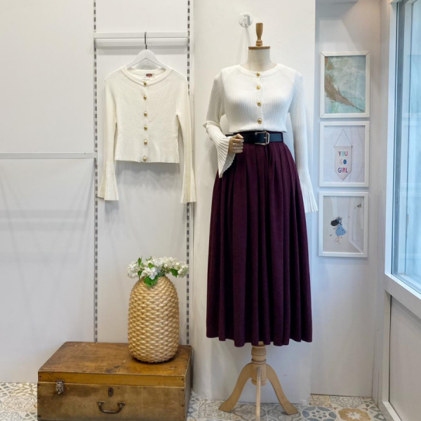 Deri Kemerli Bordo Lacelle Yün Etek