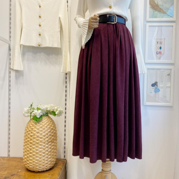 Deri Kemerli Bordo Lacelle Yün Etek