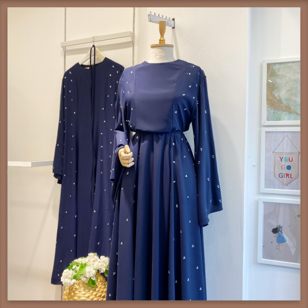Taşlı Lacivert Abaya Elbise