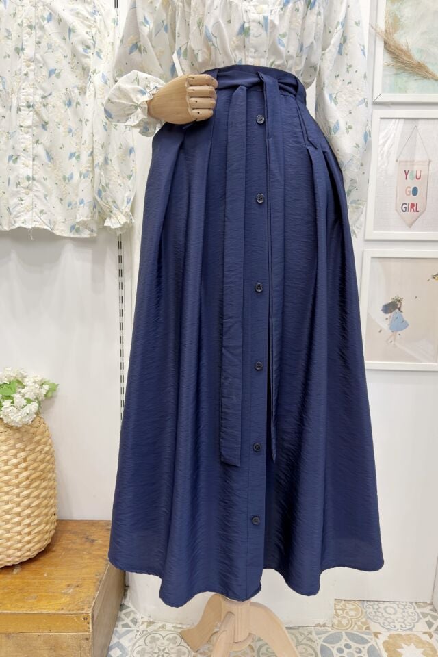 Lacivert Önü Düğmeli Zirel Etek