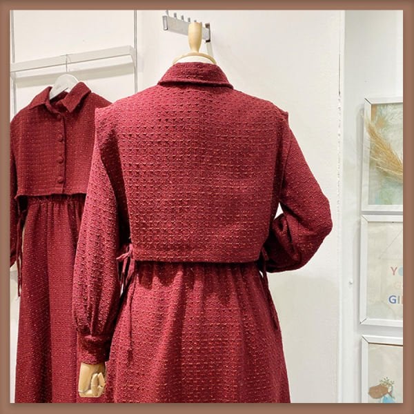 Simli tüvit kumaş bordo chaleco elbise