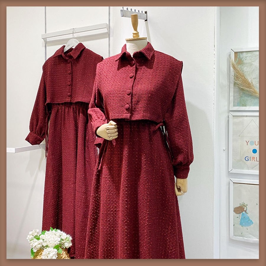 Simli tüvit kumaş bordo chaleco elbise