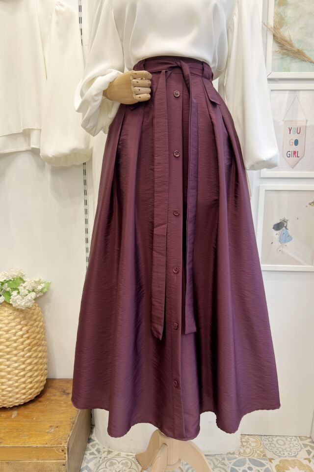 Bordo Önü Düğmeli Zirel Etek