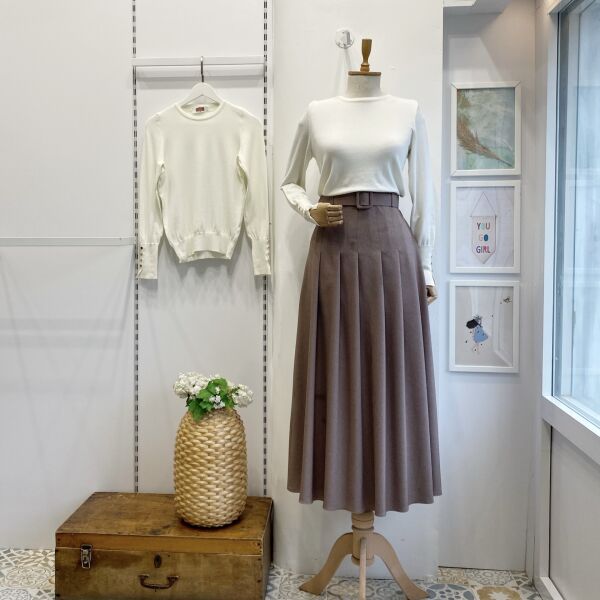 Dikiş Detaylı Kemerli Vizon Plum Etek