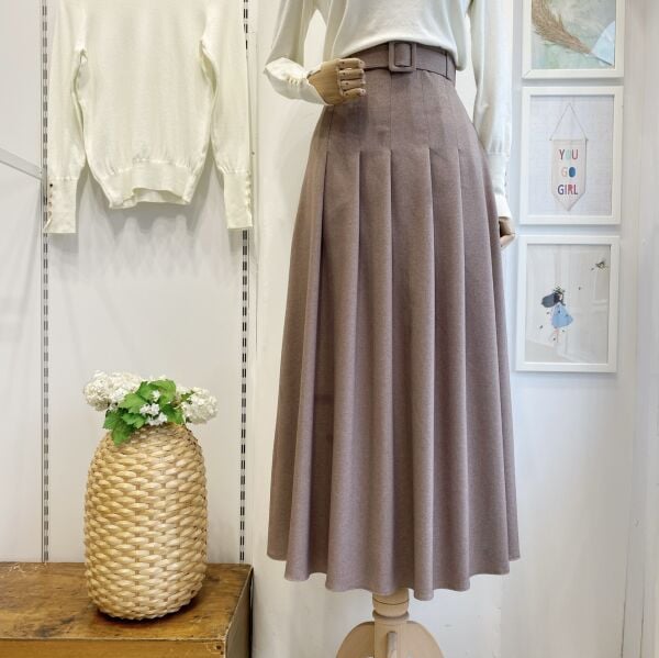 Dikiş Detaylı Kemerli Vizon Plum Etek