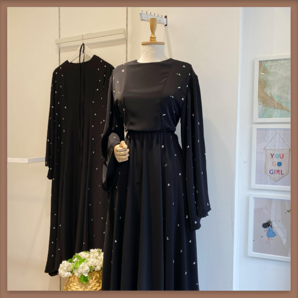Taşlı Siyah Abaya Elbise