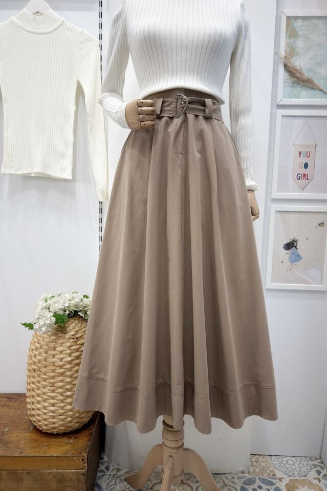 Vizon Kuşak Detaylı Terra Poplin Etek