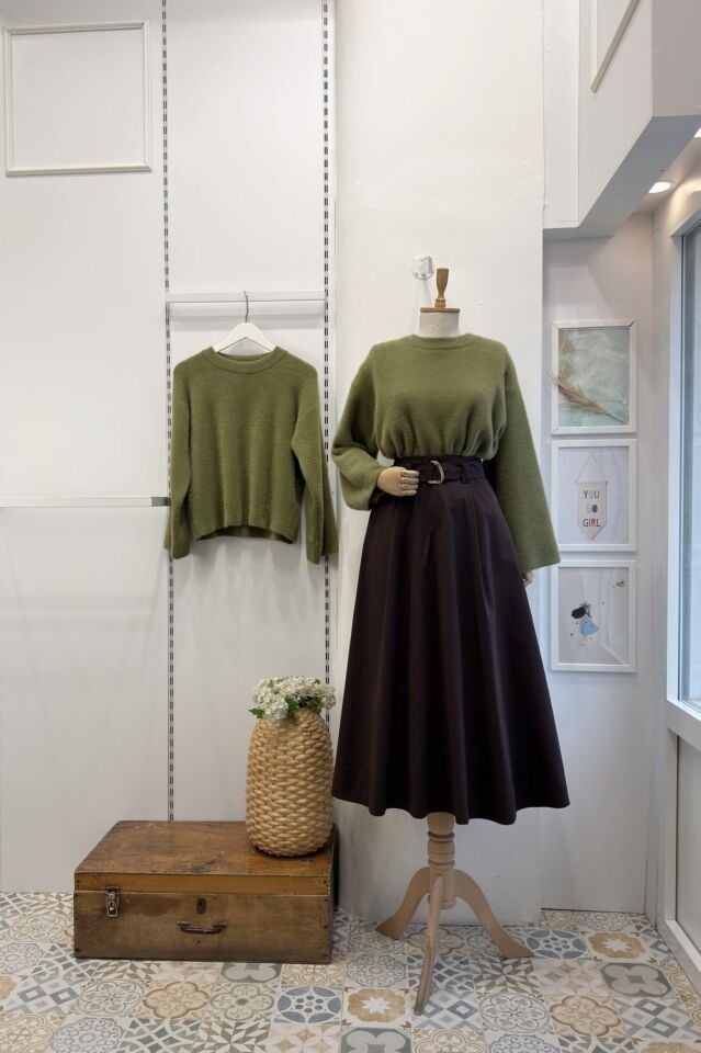 Kahverengi Kuşak Detaylı Terra Poplin Etek