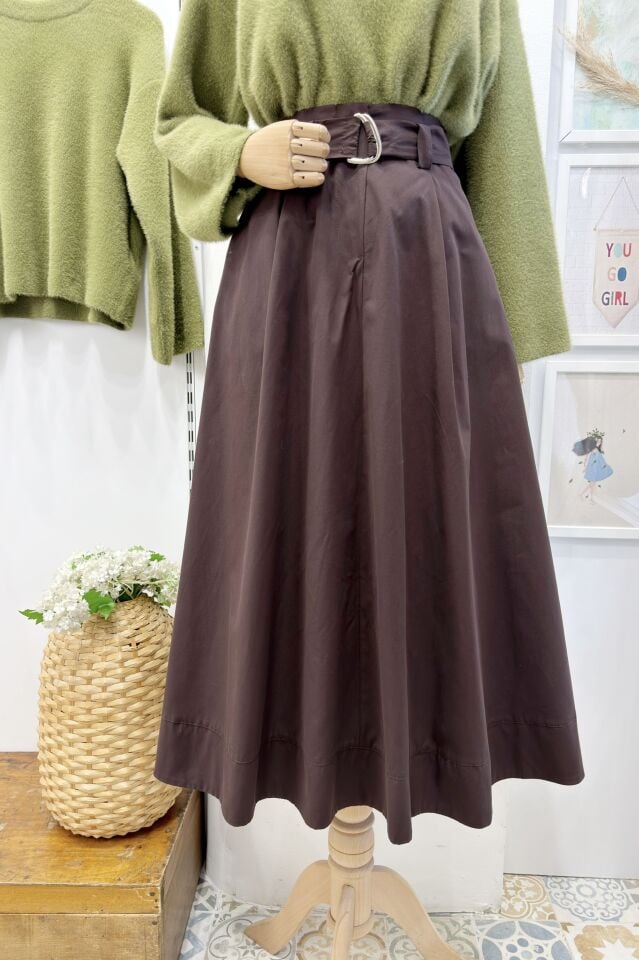 Kahverengi Kuşak Detaylı Terra Poplin Etek