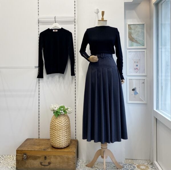 Dikiş Detaylı Kemerli Antrasit Plum Etek