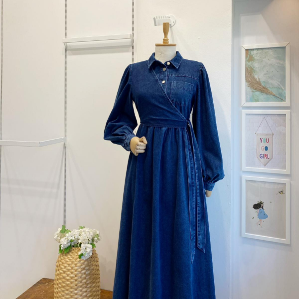 Lacivert Crop Detaylı Kot Elbise