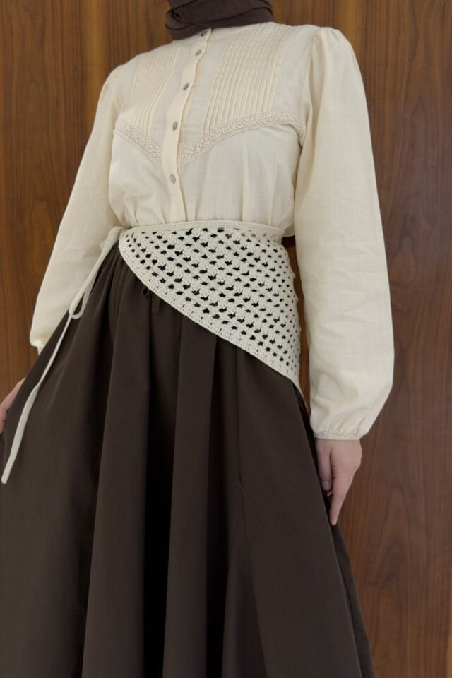 Krem Tığ İşi Örme Bel Aksesuarı