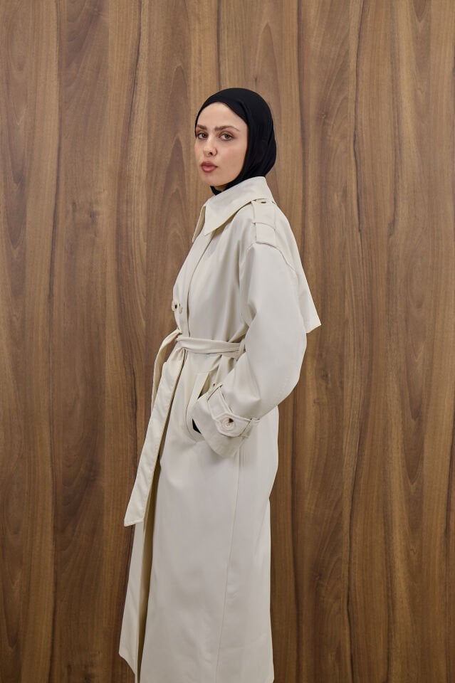 Ekru Kemer Detaylı Trençkot