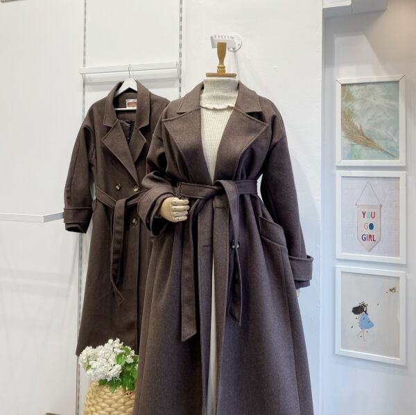 Kahverengi Kuşaklı Kaşe Kaban