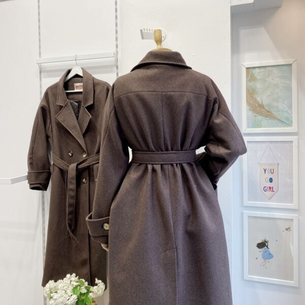 Kahverengi Kuşaklı Kaşe Kaban