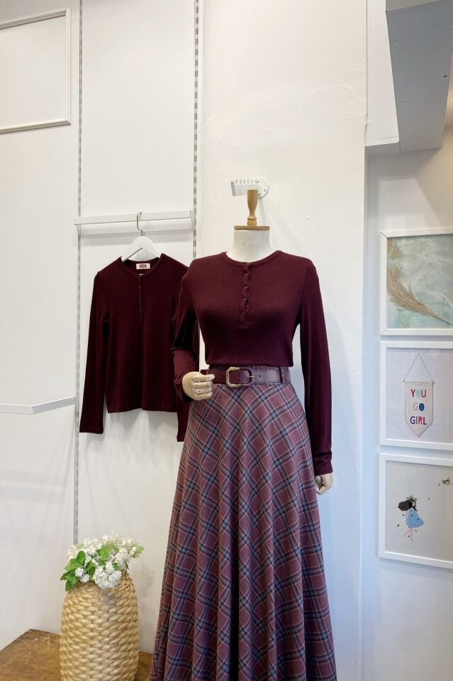 Bordo Düğmeli Blair Triko Bluz